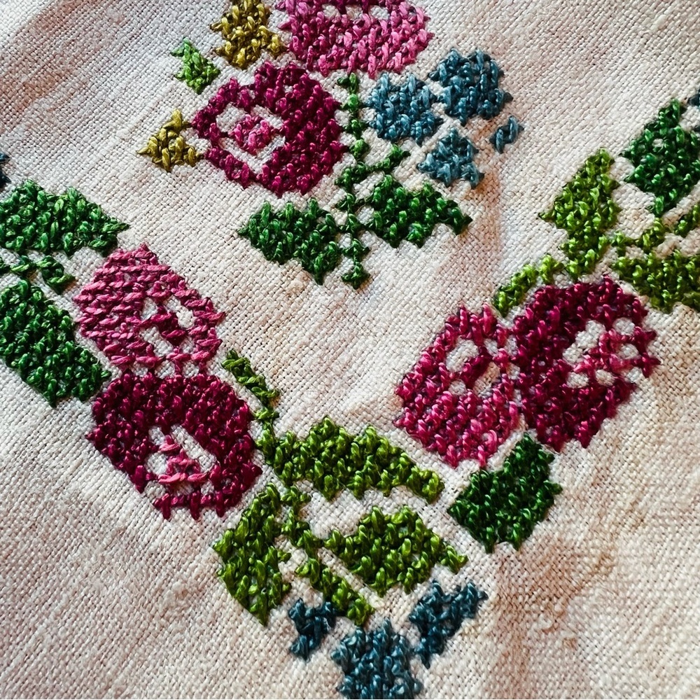 Vintage Hand-Embroidered Floral Linen Panel – 13”x13”